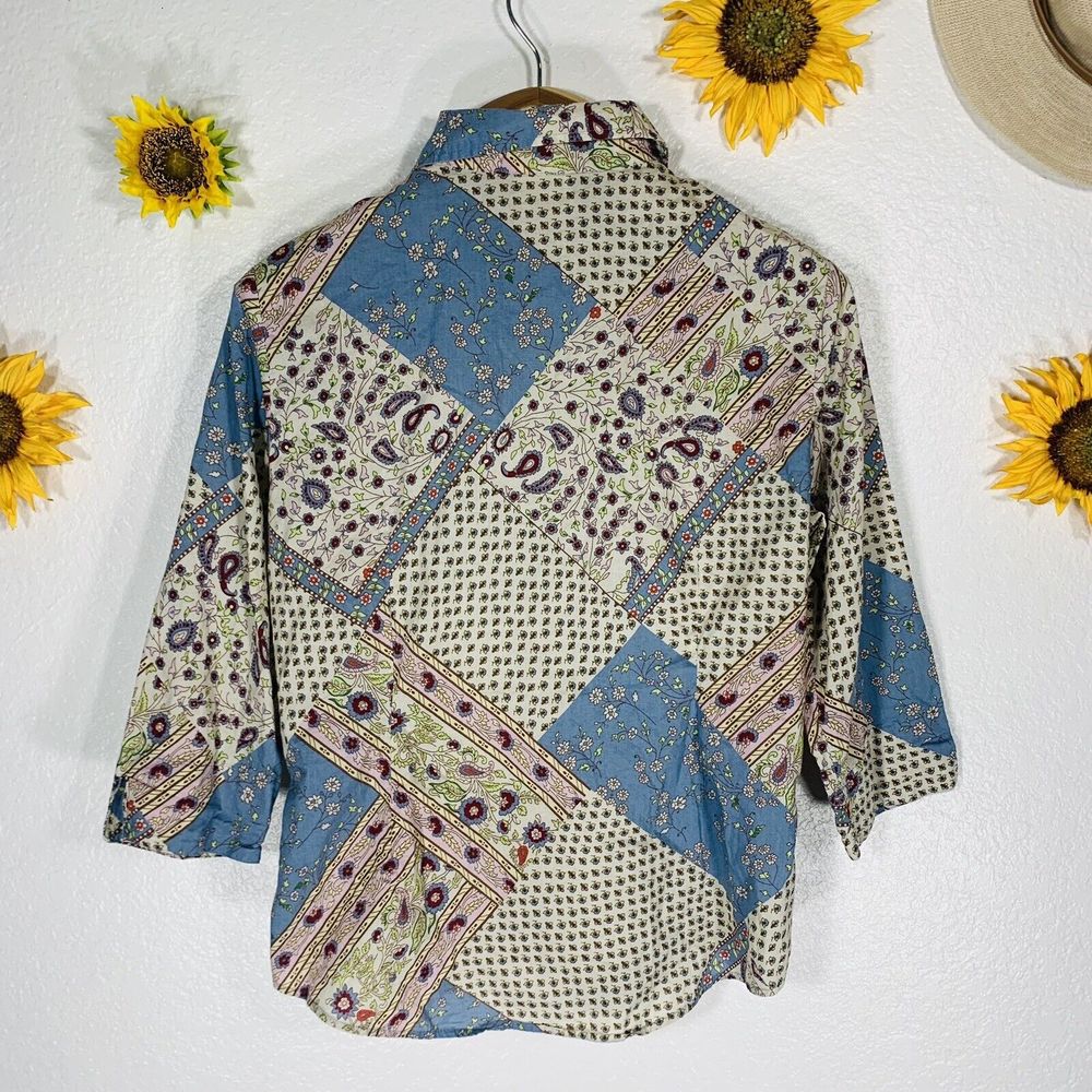 Lemon Grass Floral Paisley 3/4 Sleeved Button Up Cotton Blouse Size Medium Women - Picture 3 of 7